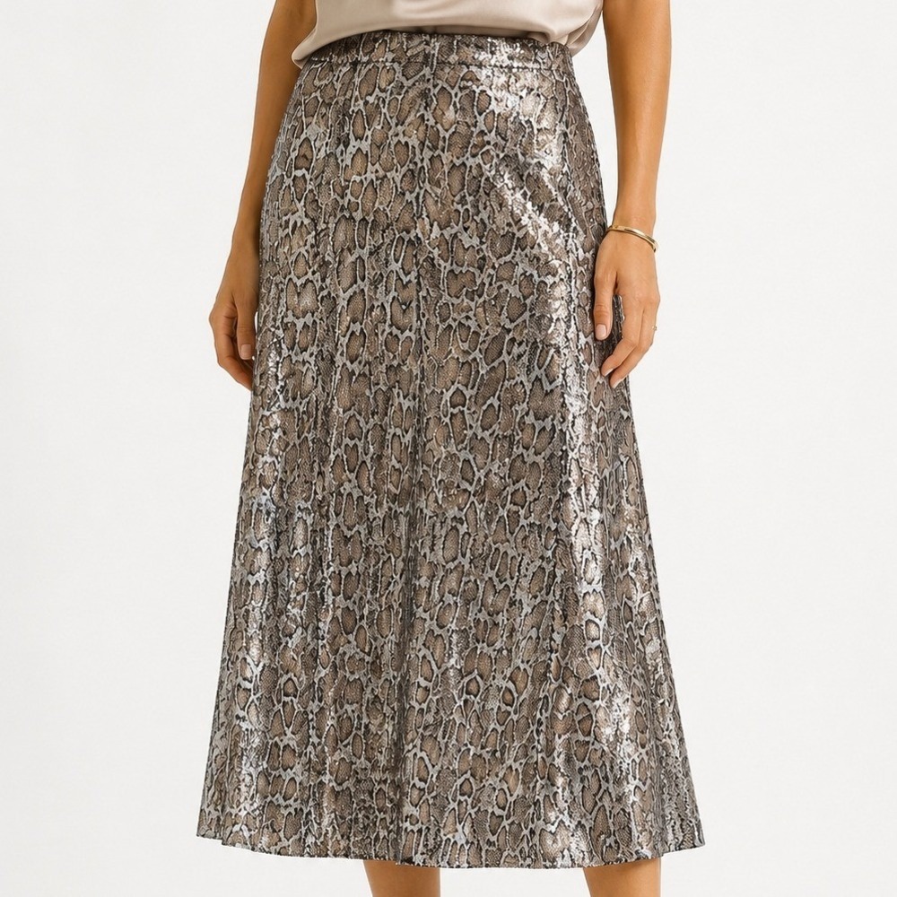 Zara Knit Women Sequin Snake Sequin Print Midi Skirt Metallic Brown Silver Small